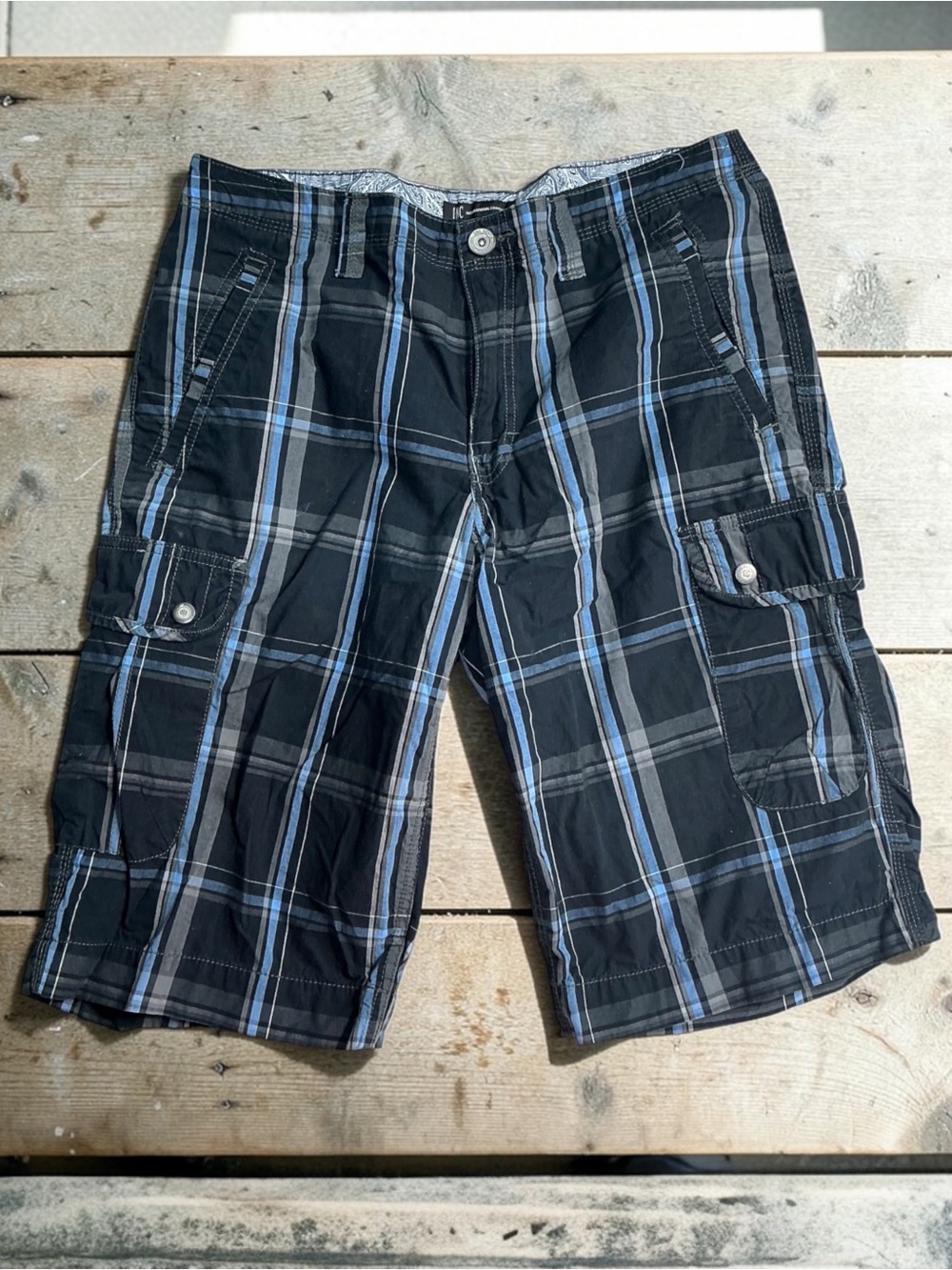 INC International Concepts Black and Blue Plaid Cargo Shorts